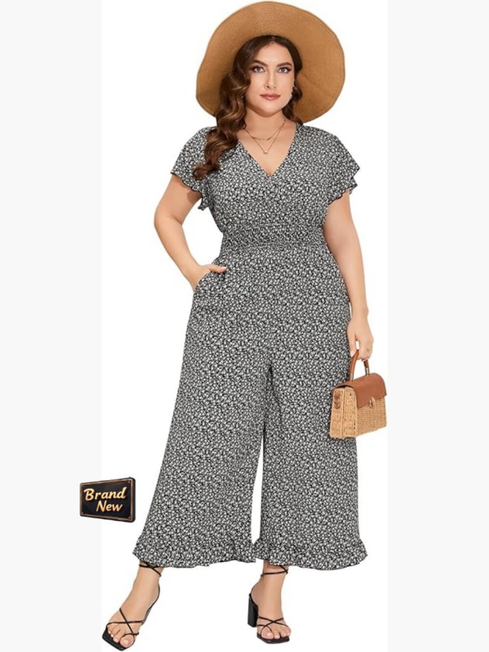Plus Size Loose Jumpsuit Short Sleeve Elastic Waist Wide Leg Floral